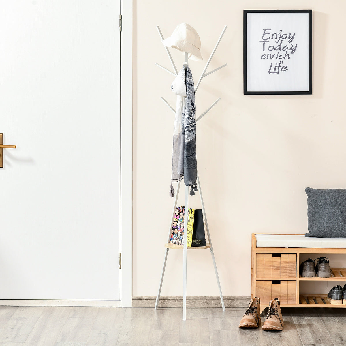 Garderobenst?nder Kleiderst?nder mit Ablage und 8 Haken Jackenst?nder Moderner Garderobe f¨¹r Kleidung Hut Tasche, Wohnzimmer, Wei?