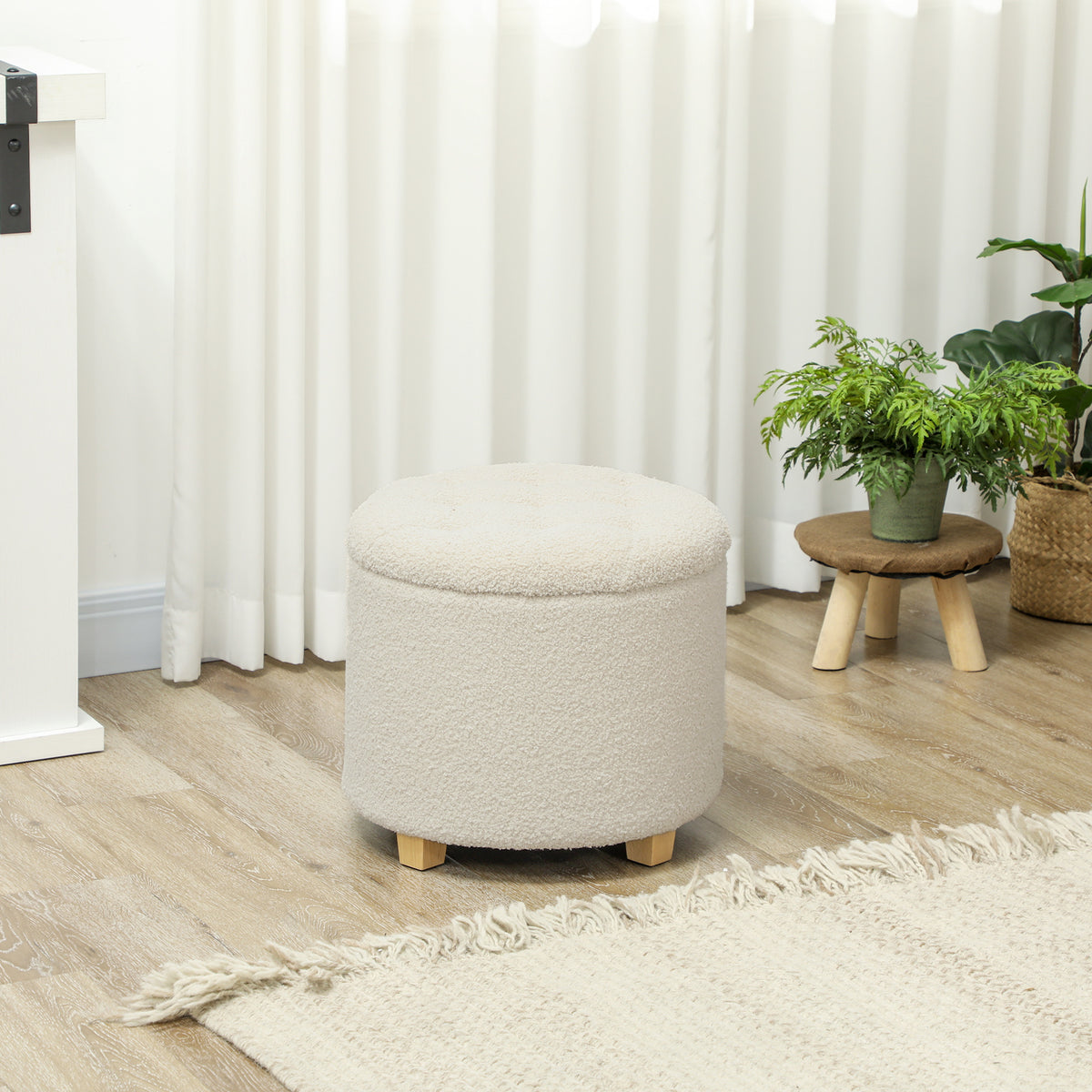 Runder Sitzhocker mit Stauraum, Deckel und Holzbeinen, Fu?hocker f¨¹r Wohnzimmer, Flur, Schlafzimmer, Cremewei?