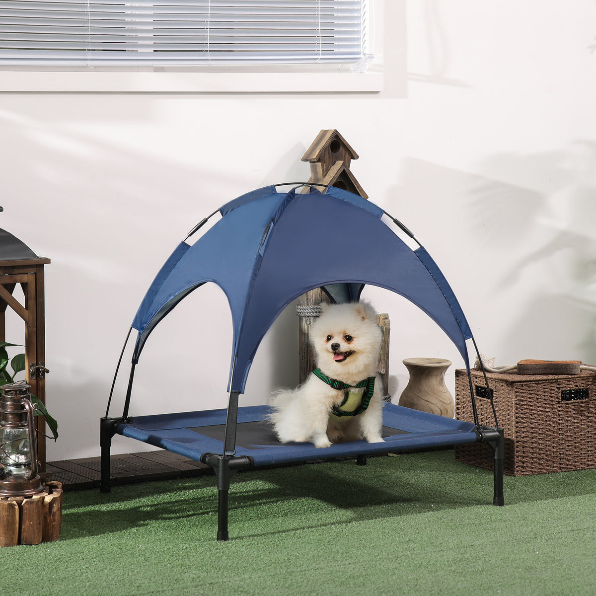 Haustierbett mit Baldachin, Hundebett, klappbar, wetterbeständig, Blau