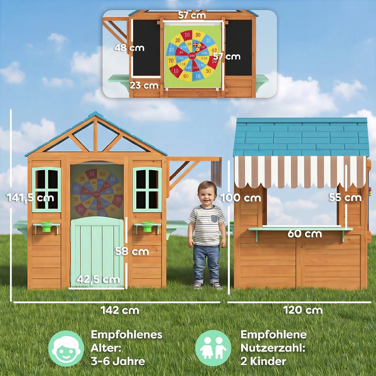 Outdoor Kinderspielhaus mit Verkaufstheke Pflanzenkasten Kreidetafel Zieltuch 4 Ball 142 x 120 x 141,5 cm Mehrfarbig