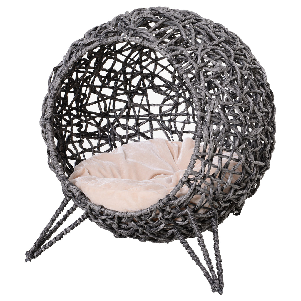 Raised Rattan Cat House, with Cushion - Silver-Tone & Grey