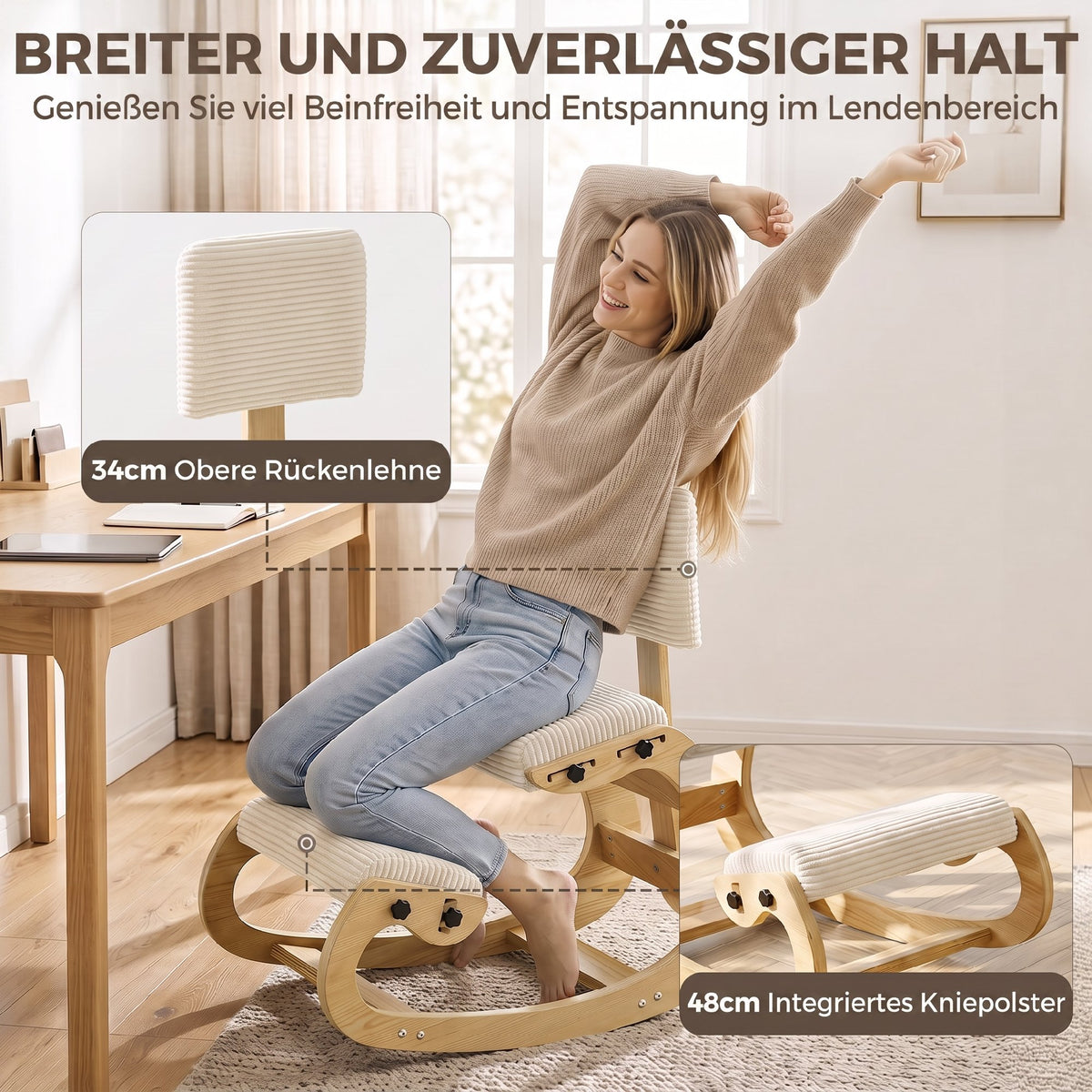 Ergonomischer Kniestuhl mit Rückenlehne, Cord-Optik, Cremeweiß