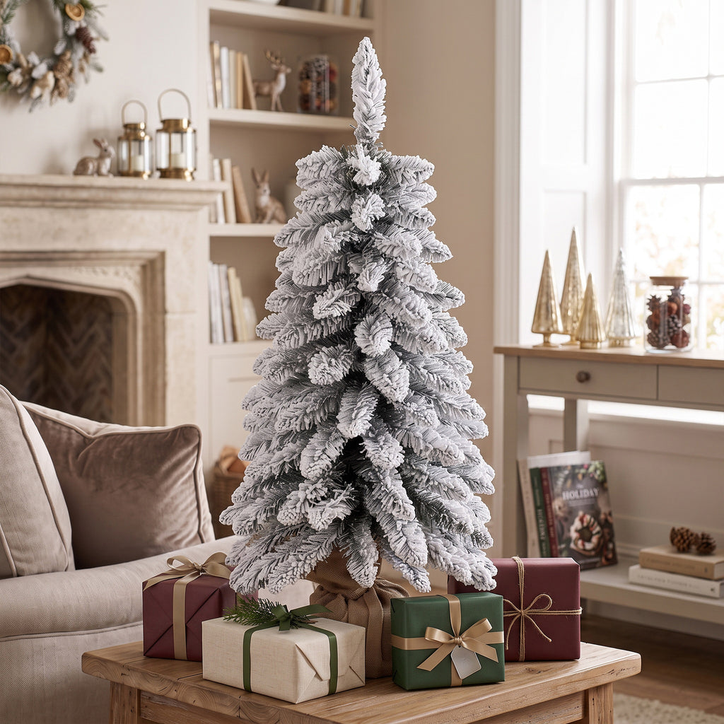Künstlicher Weihnachtsbaum, 90 cm (3 ft), schlanker Pencil-Baum mit 107 Zweigspitzen, Jutebasis, Weiß