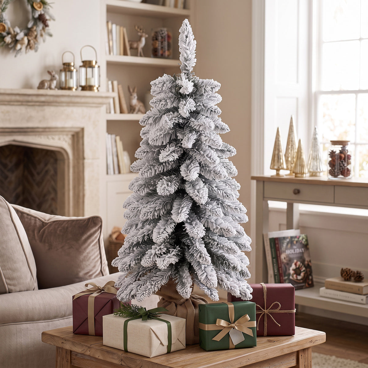 Künstlicher Weihnachtsbaum, 90 cm (3 ft), schlanker Pencil-Baum mit 107 Zweigspitzen, Jutebasis, Weiß