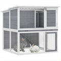 Hasenstall 2 Etagen Kaninchenstall aus Holz mit wetterfest aufklappbar Dach, Freilaufgehege, Rampe, 98x95x102,5 cm Grau