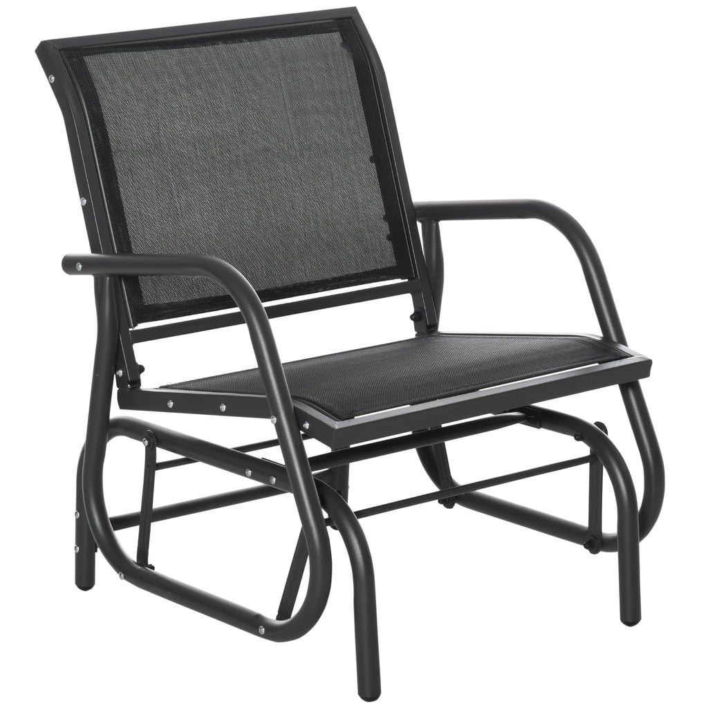 Outdoor Garden Glider Chair, Metal Frame Single Armchair Swing Seater w/ Breath Mesh Fabric Seat, Curved Backrest, Armrests, for Living Room, Patio, Porch, Dark Grey