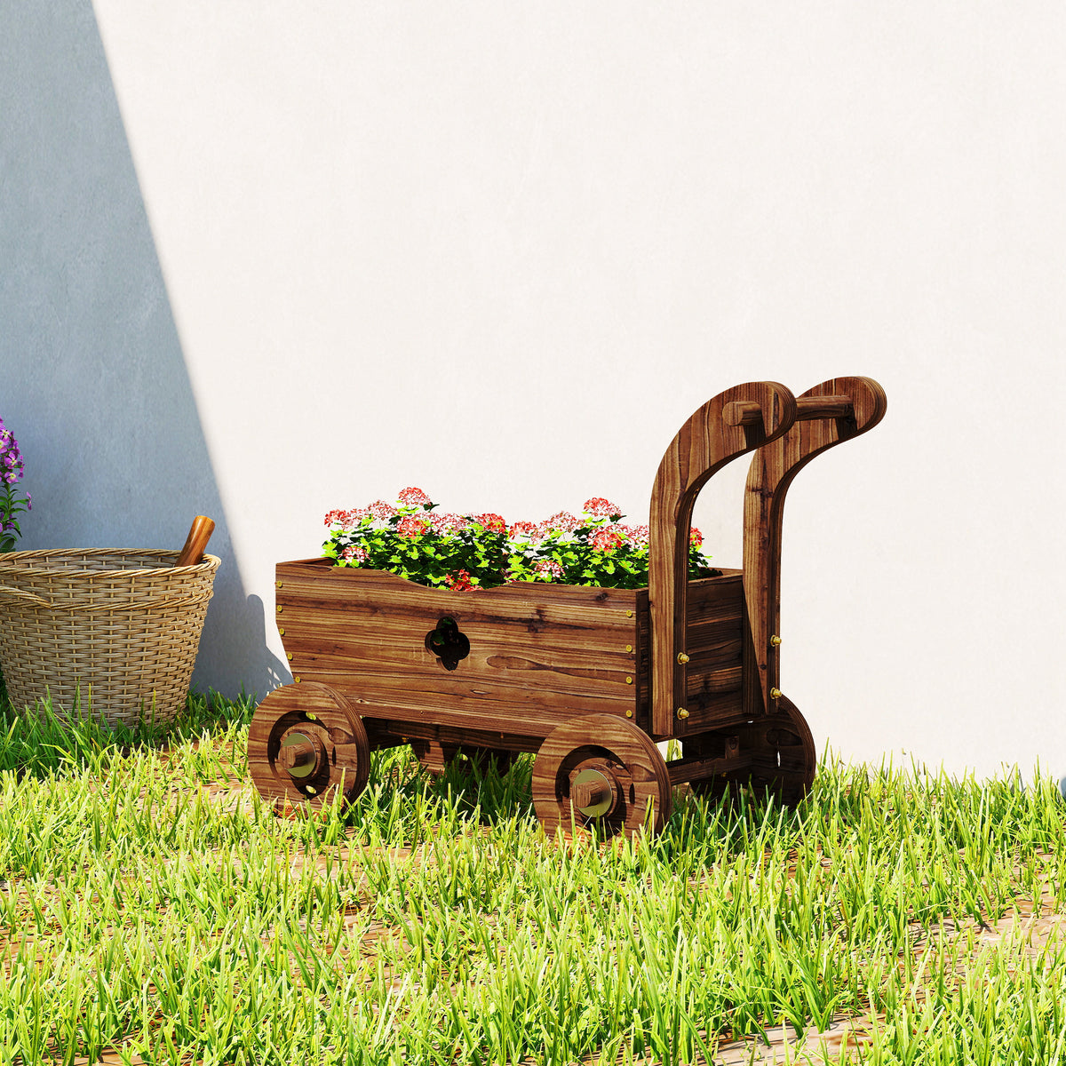 Hochbeet Holz, Pflanzbeet in Wagenform Fr¨¹hbeet mit 4 R?dern Griff Gartenbeet 68 x 38 x 52cm