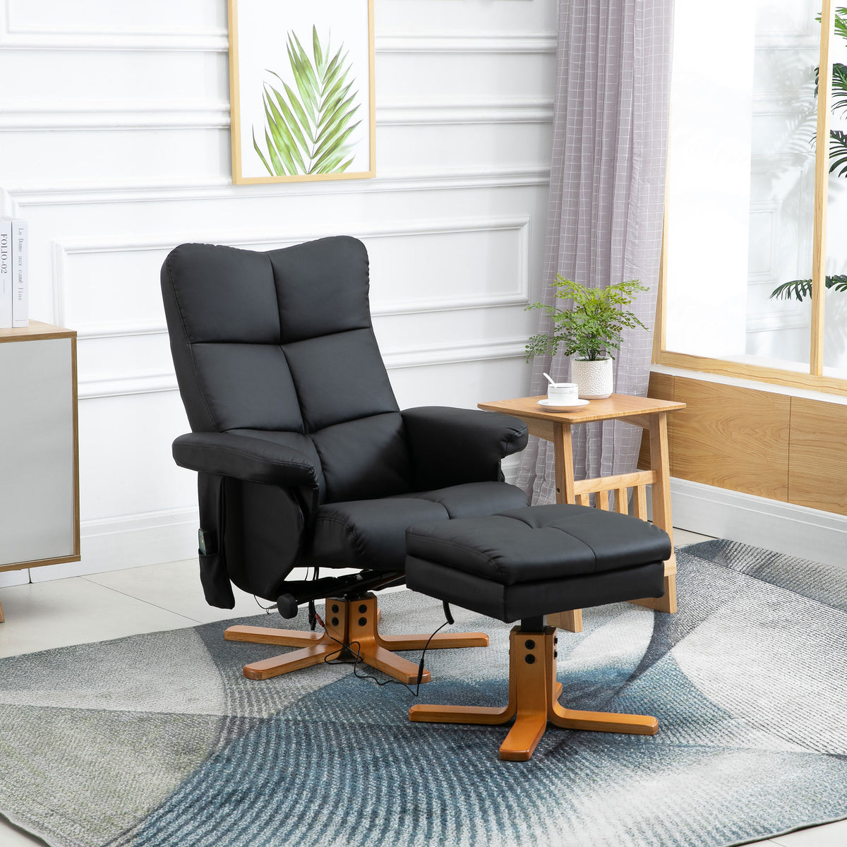 Massagesessel mit Hocker, 145° Neigbarer Relaxsessel mit Massagefunktion, Stauraum, Kunstleder, 80 x 86 x 99 cm, Schwarz