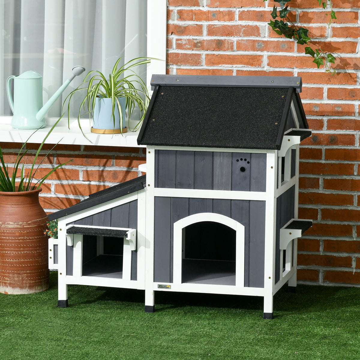 Wooden Cat House with Flower Pot, Windows, Multiple Entrances, Water-Resistant Roof for Outdoor - Grey