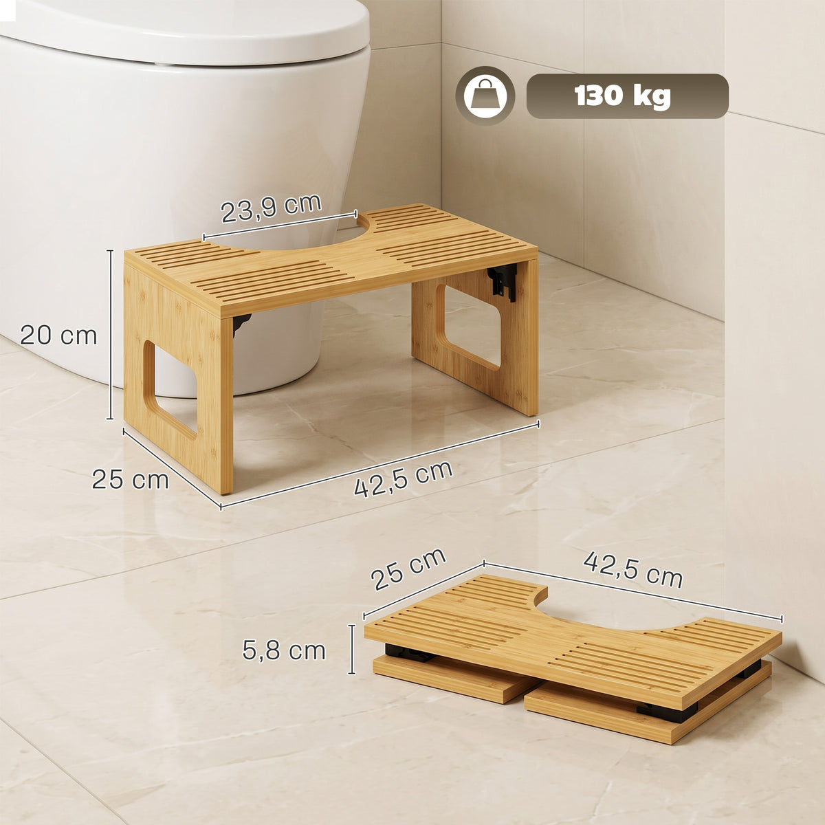Toilettenhocker Bambus klappbar Badezimmer Hocker Badhocker Rutschfest Klohocker für Erwachsene Zuhause, Eiche
