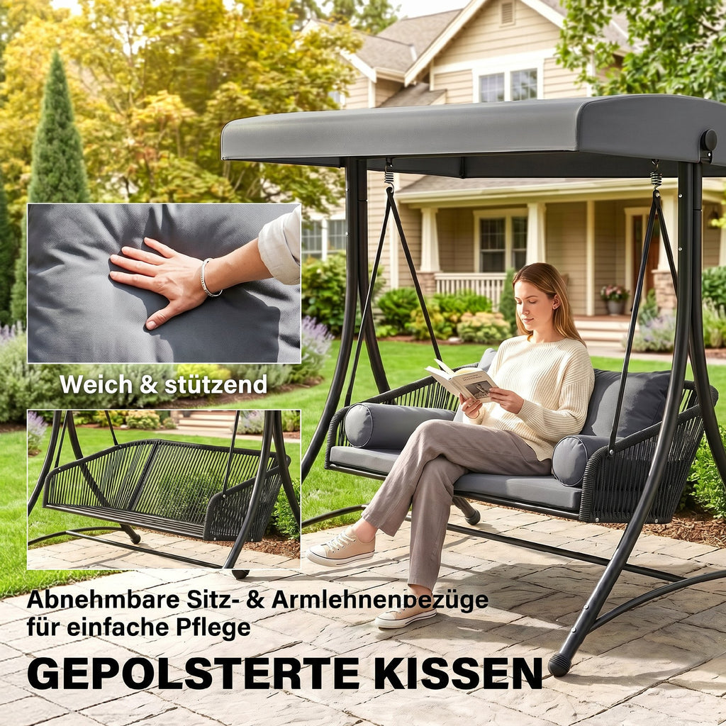 Hollywoodschaukel Rattan 2-Sitzer Gartenschaukel mit Verstellbarem Sonnendach weichem Kissen A-Rahmen Dunkelgrau