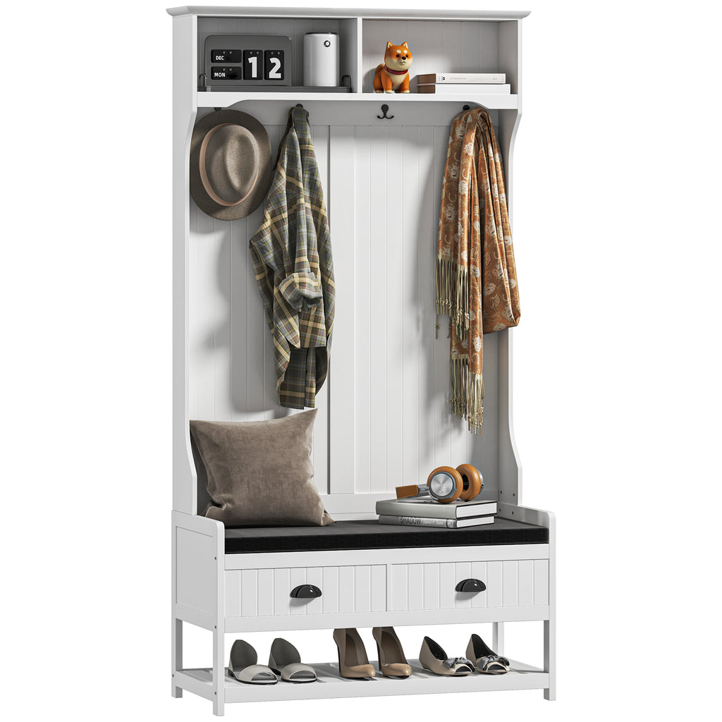 Garderobenständer mit Haken, Garderobe mit Schuhbank, für Eingangsbereich, Flur, Metall, MDF, Weiß+Grau