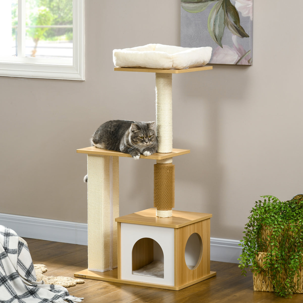 Kratzbaum Katzenbaum Katzenhöhle, 1 Katzenbett, 1 Liegefläche, 59,5 cm x 39,5 cm x 114 cm, Braun + Weiß