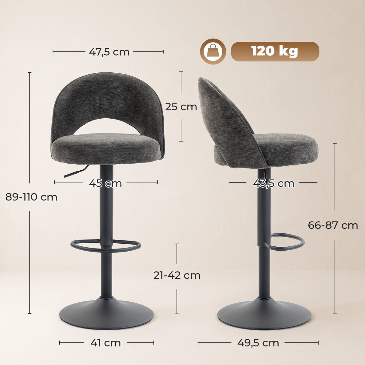Barhocker 2er-Set, höhenverstellbar und drehbar, für Theke, Dunkelgrau