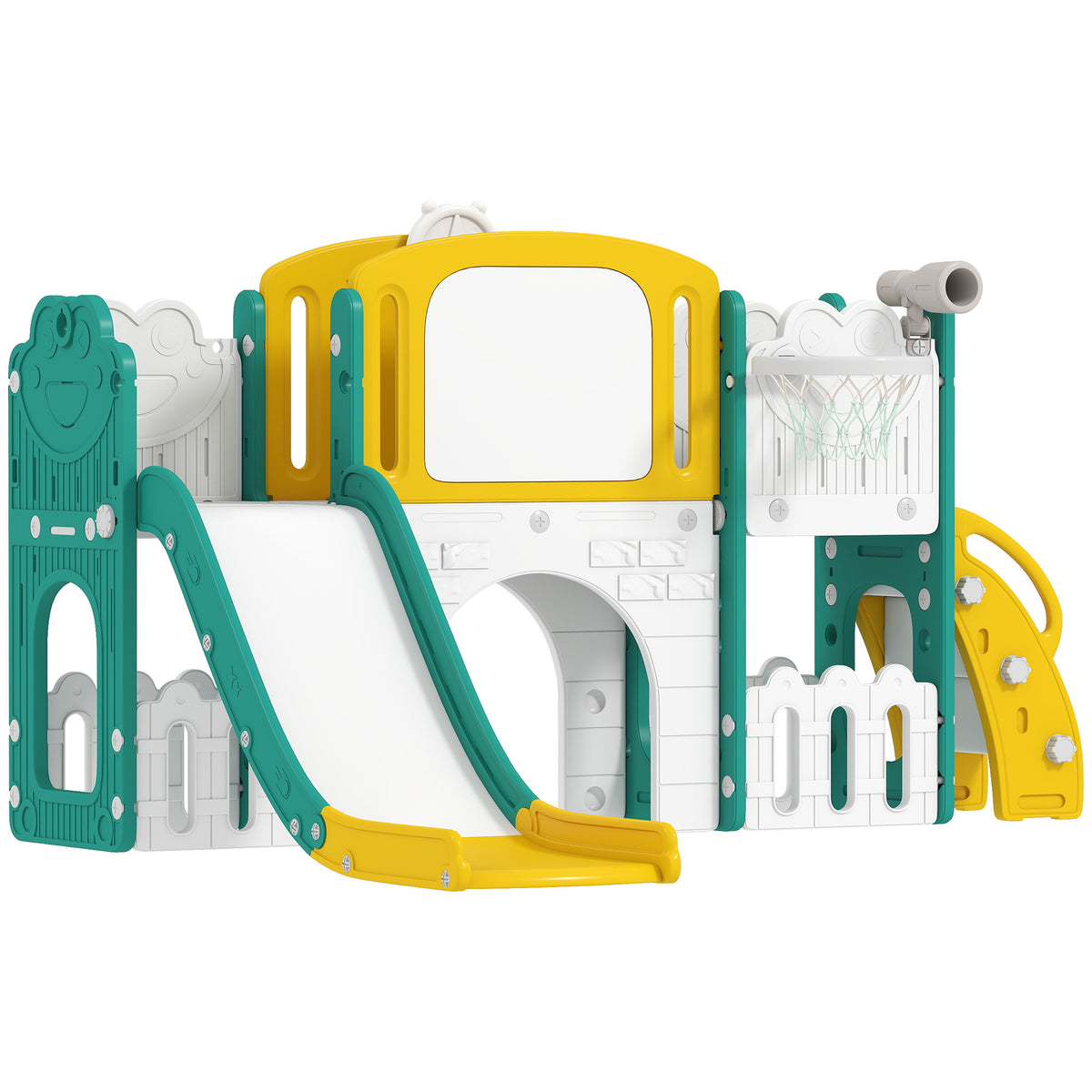 7-in-1 Rutschenset f¨¹r Kleinkinder, Basketballkorb, Froschdesign, Kletterger¨¹st, Schaukelsitz, f¨¹r drinnen und drau?en, Gelb+Gr¨¹n