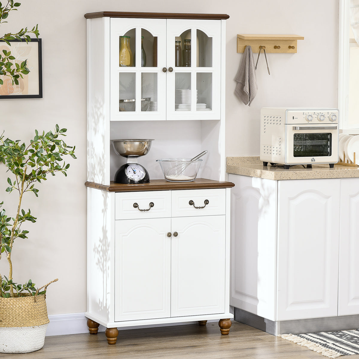K¨¹chenschrank, Buffet, 2 Schubladen, 2 Schrankf?cher, klassisches Design, Wei?+Dunkelbraun, 76 x 38 x 182 cm