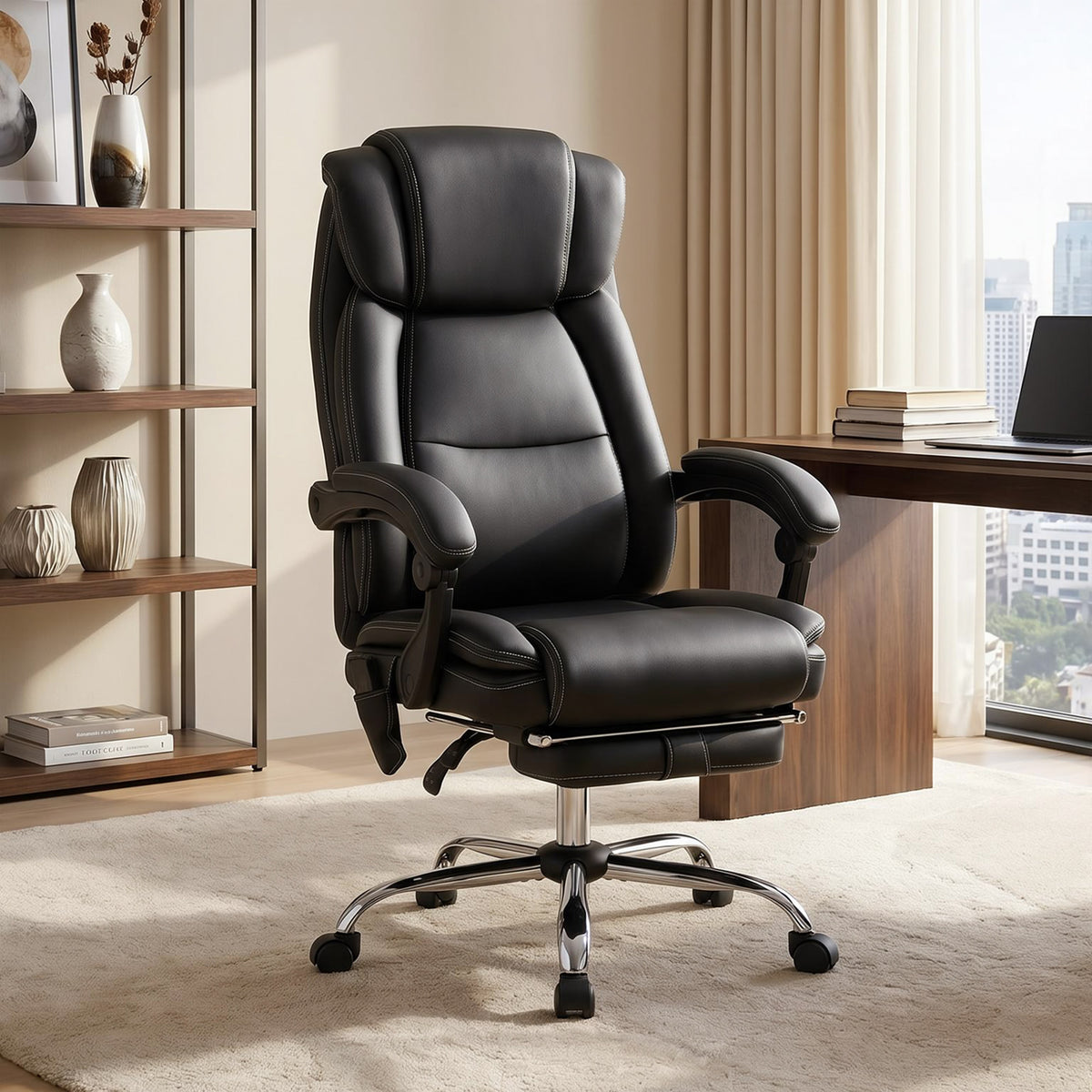 Bürostuhl Ergonomisch mit Massagefunktion Schreibtischstuhl mit Fußstütze, Kunstleder Schwarz