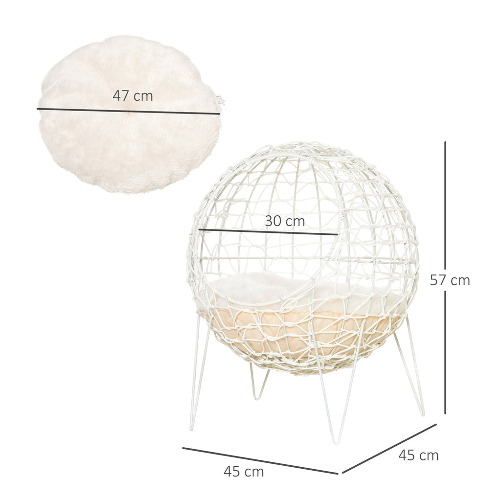  Rattan Katzenkorb Katzenhöhle Katzenhütte Katzenbett mit Kissen erhöhtes Design Haustierbett Cremeweiß Ø45 x 57H cm
