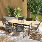 Sitzgruppe 7-teilig Metall Essgruppe für 6 Personen Esstisch mit Tisch 6 Stühlen Esszimmergruppe Naturholz+Schwarz