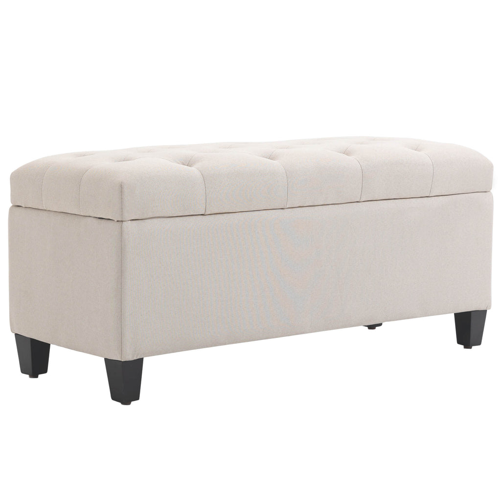 Sitzbank mit Stauraum Polsterbank mit Leinenoptik, Sitztruhe mit Holzbeine, Truhenbank für Wohnzimmer Schlafzimmer Flur 100 x 40 x 44 cm Cremeweiß