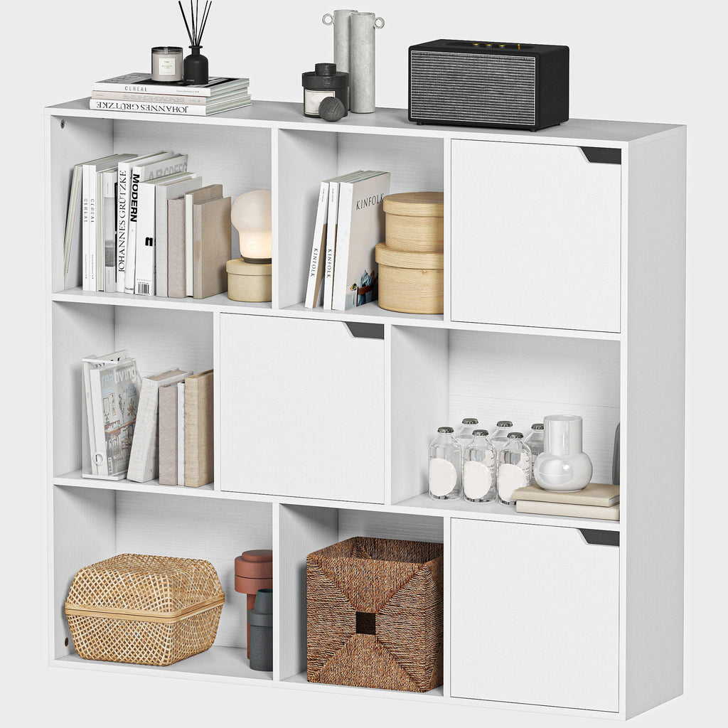 Bücherregal, 9 Fächern, 3 Türen, 6 offene Regale, für Wohnzimmer, Schlafzimmer, Spanplatte, Weiß