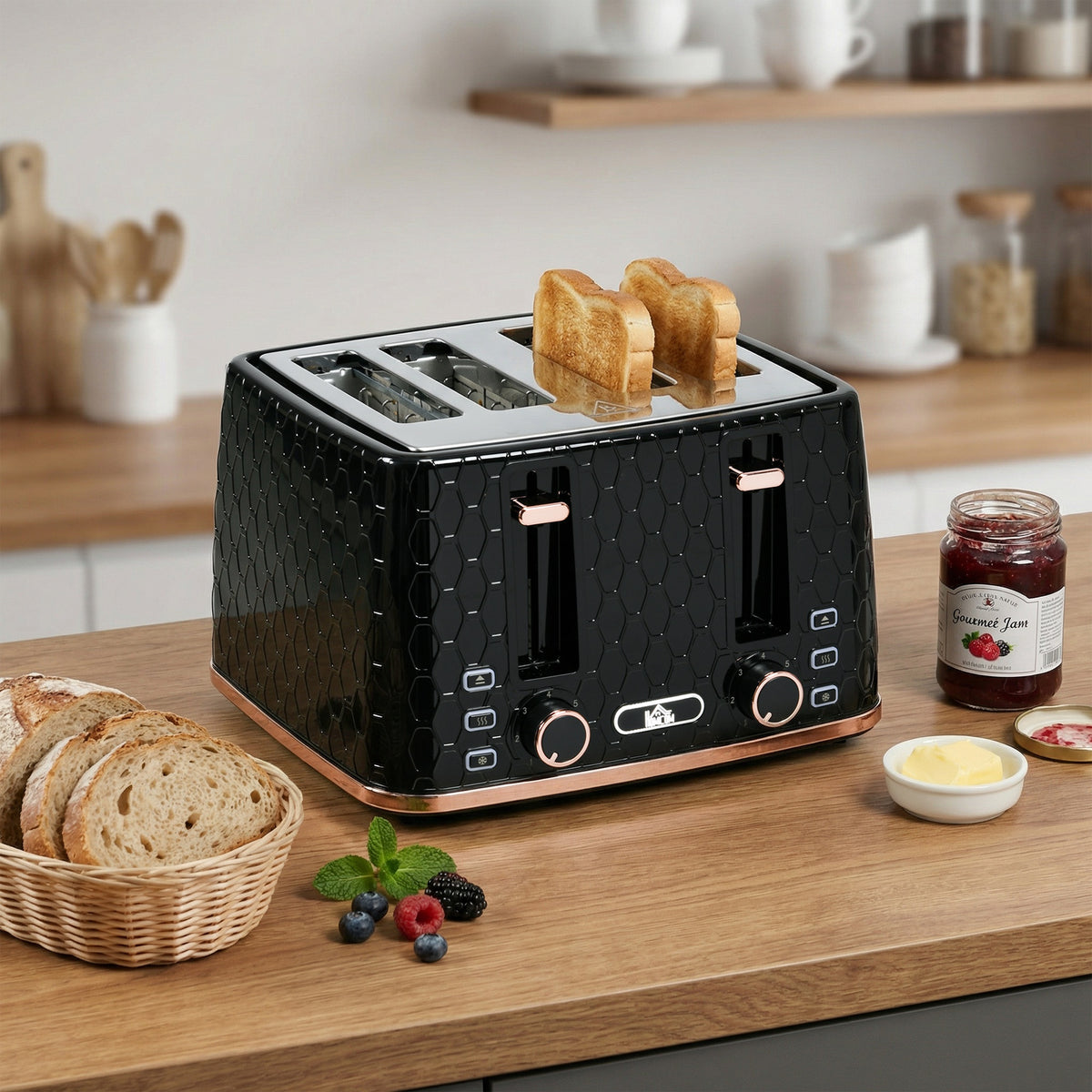 4-Scheiben-Toaster mit 7 Bräunungsstufen, High-Lift, Aufwärmen/Auftauen/Abbrechen, 1860W, Schwarz mit Wabenstruktur