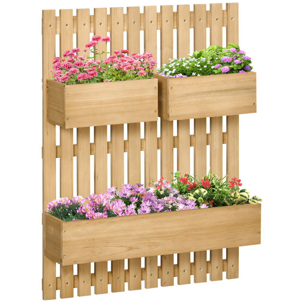 Wall-mounted Wooden Garden Planters with Trellis, Drainage Holes and 3 Planter Boxes for Patio, Natural