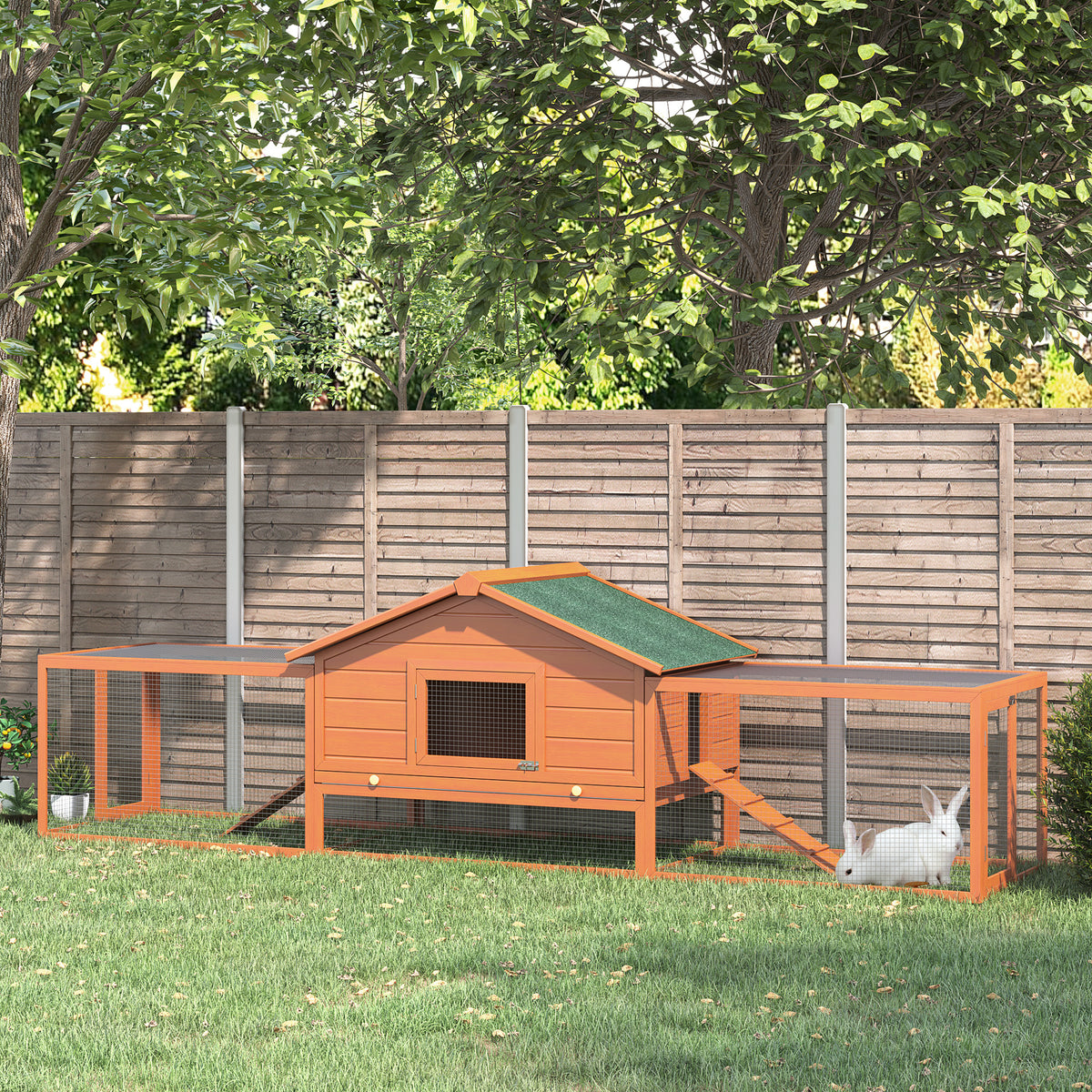 Wooden Rabbit Hutch with Run, Tray, Ramps, Asphalt Roof, 309 x 70 x 87cm, Orange
