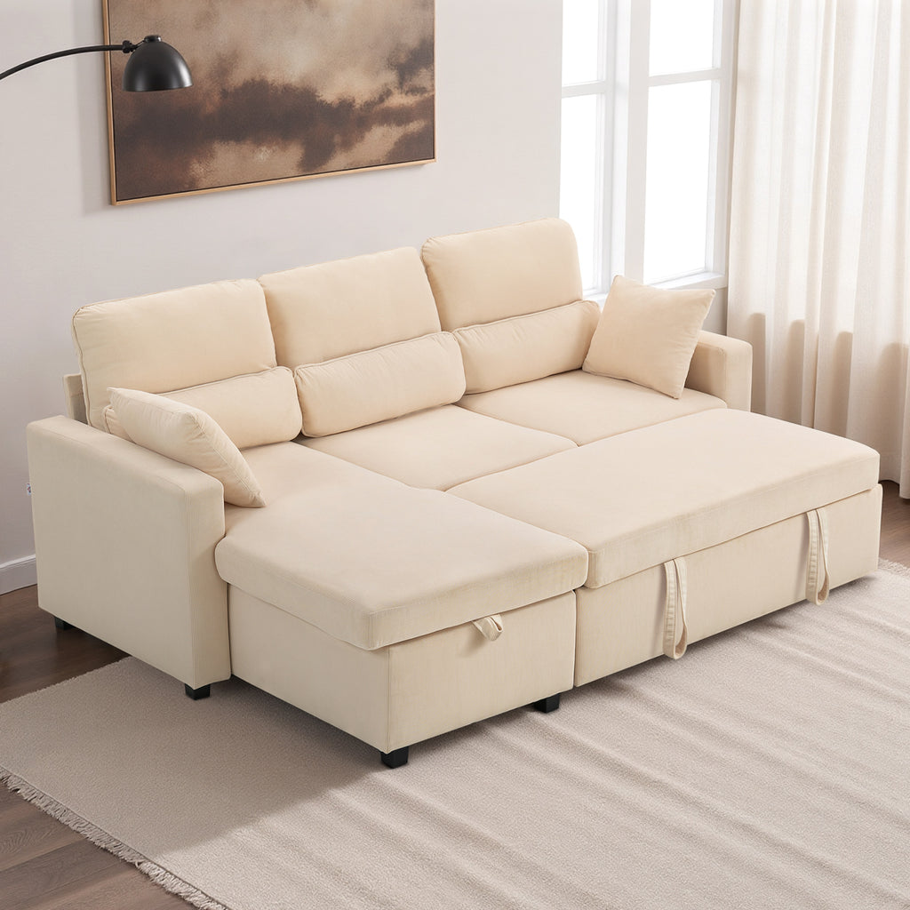 Verstellbares Bettsofa, L-f?rmiges G?stesofa mit Bettfunktion, Stauraum, Kissen, f¨¹r Wohnzimmer, G?stezimmer, Beige