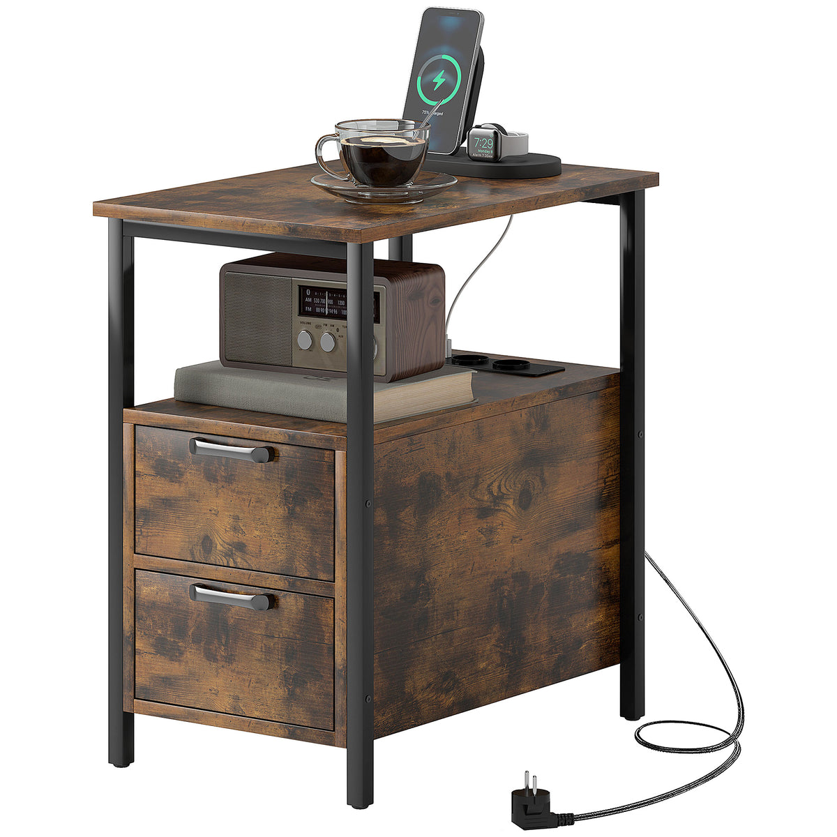 Beistelltisch mit Aufladestation, USB-Anschl¨¹ssen, Steckdosen, 2 Schubladen und Regal f¨¹r Wohnzimmer, Schlafzimmer