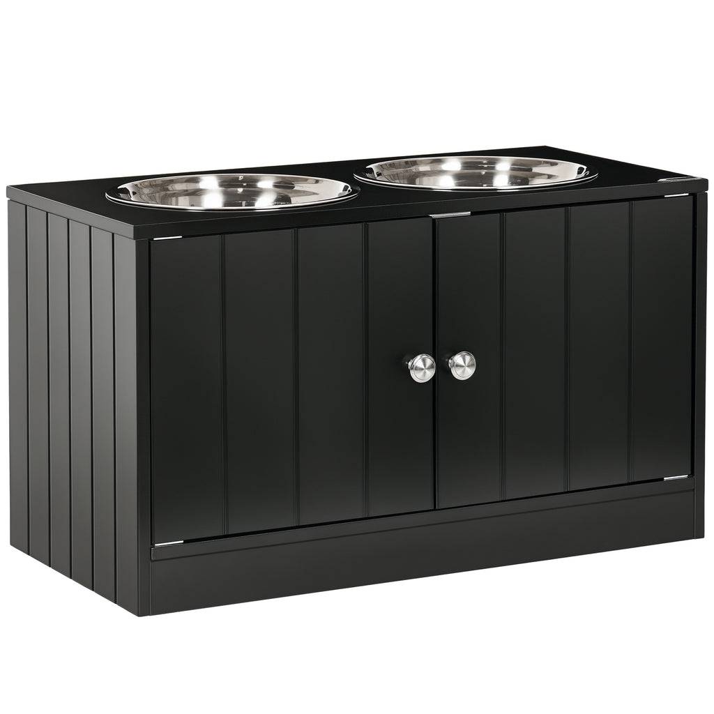 Raised Pet Feeder, with Two Bowls, Storage - Black