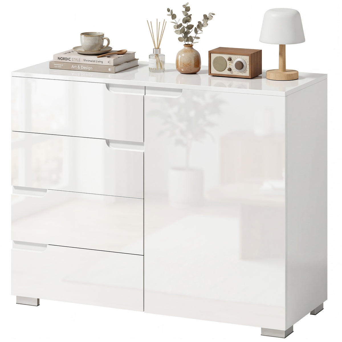 Kommode mit 4 Schubladen Sideboard mit 1 Tür, Verstellbarem Einlegeboden, für Wohnzimmer, Schlafzimmer 100 x 40 x 80 cm