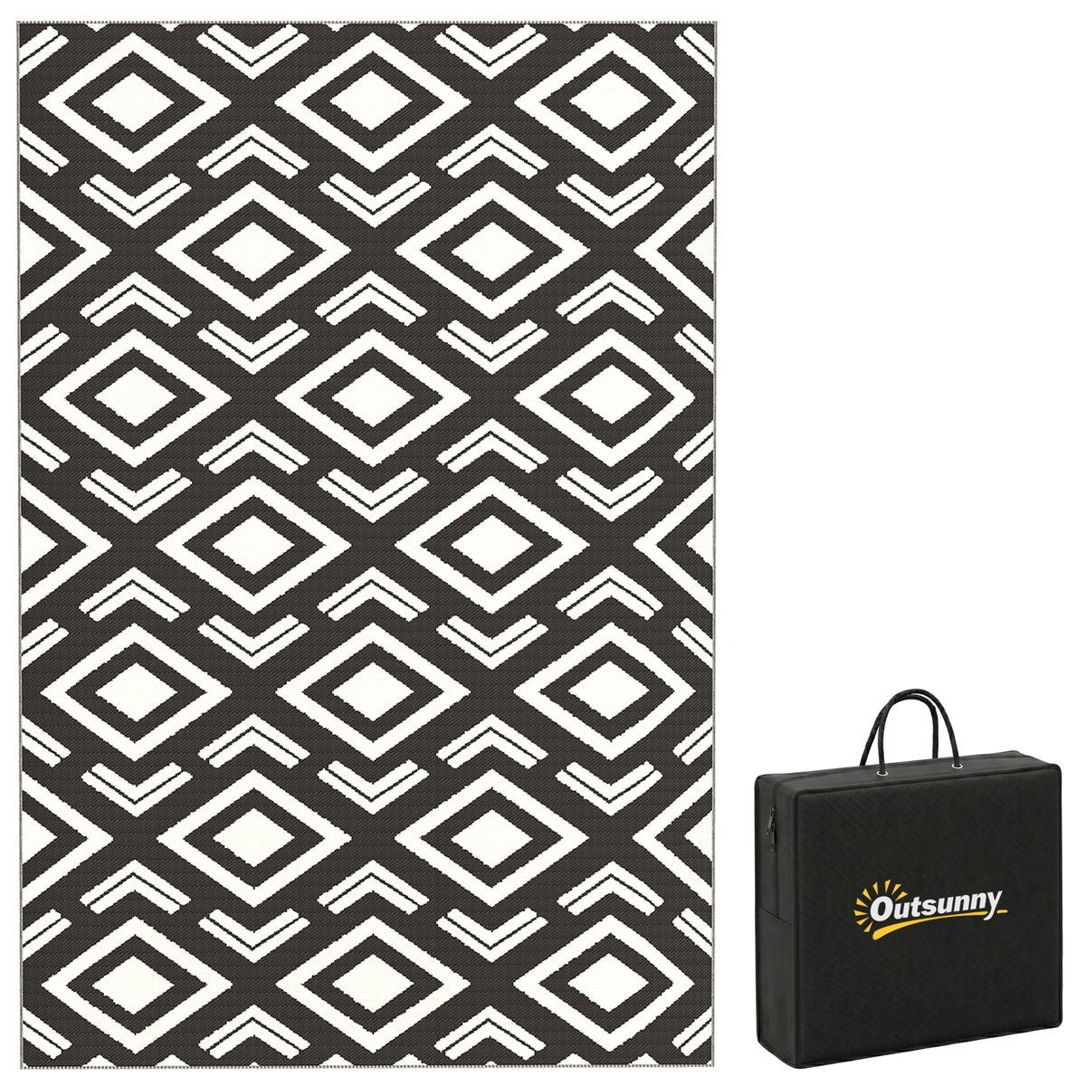 Outdoor Teppich robuster Wetterfest Outdoorteppich mit Tragtasche, faltbar Carpet Boho-Style 182 x 274 cm Schwarz+Wei?