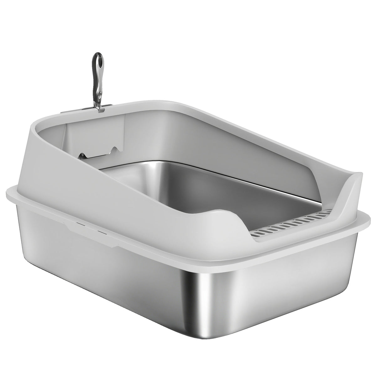 XXL Stainless Steel Cat Litter Box with High Sides, Metal Scoop, 70 x 50 x 30 cm
