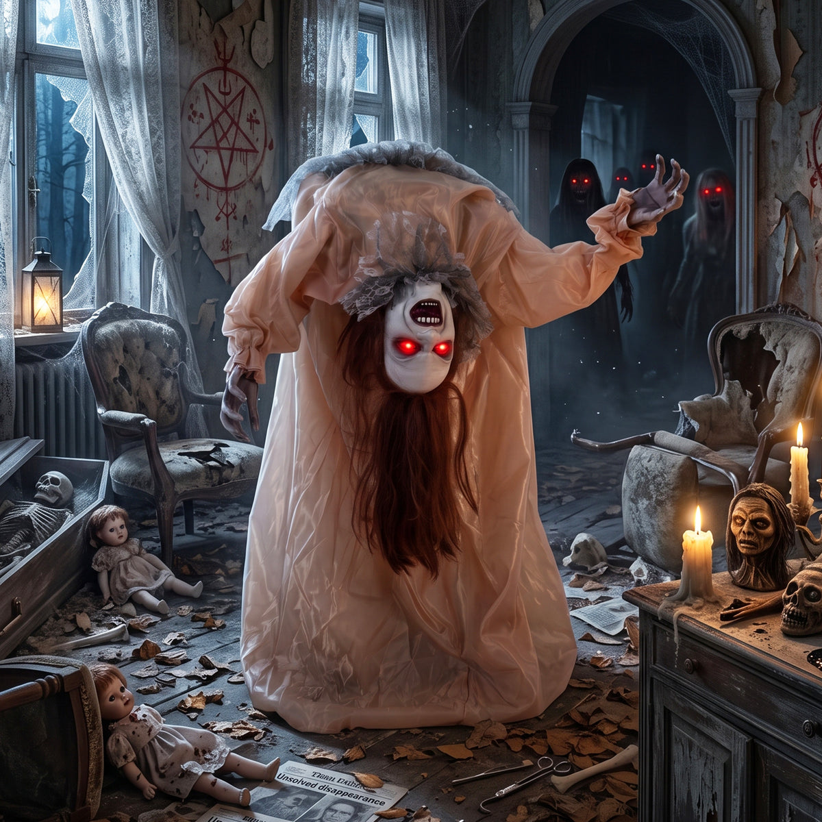 Animated Halloween Ghost, Halloween Animatronics with Creepy Screams, Glowing Eyes, Sound/Touch Activated