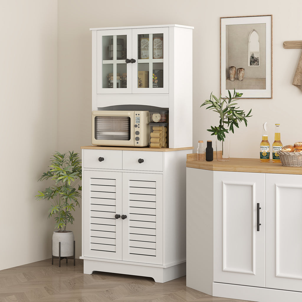 K¨¹chenschrank mit Glast¨¹ren, 2 Schubladen, Geschirrschrank, Esszimmerschrank, Holz, 68 x 39,5 x 170 cm, Wei?