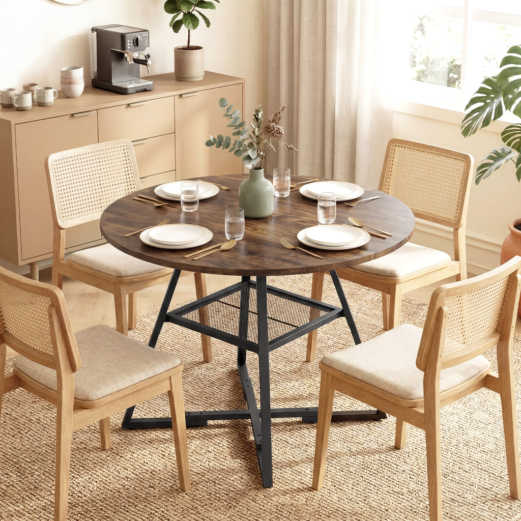 Dining Table for 4 People, 100 cm Round Industrial Kitchen Table with Storage Shelf, Rustic Brown