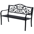 Metal Garden Bench with Floral Backrest and Armrests - Black