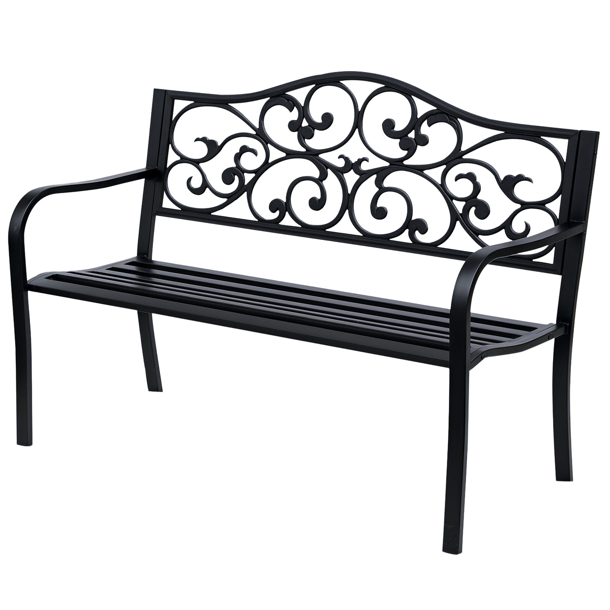 Metal Garden Bench with Floral Backrest and Armrests - Black