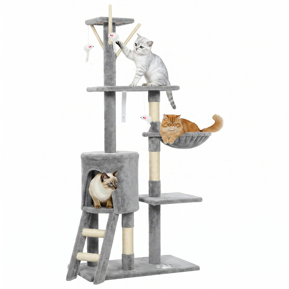 Multi-Level Cat Tower, 134cm Cat Tree with Condo and Sisal Scratching Posts for Indoor Kittens, Grey