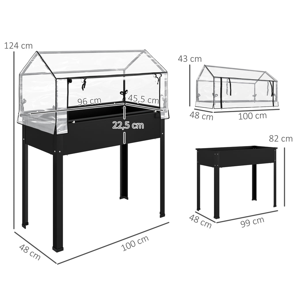 Hochbeet mit Gew?chshaus-Dach, Erh?hte Pflanzenbox mit Ablaufl?chern, 100 x 48 x 124 cm, Schwarz