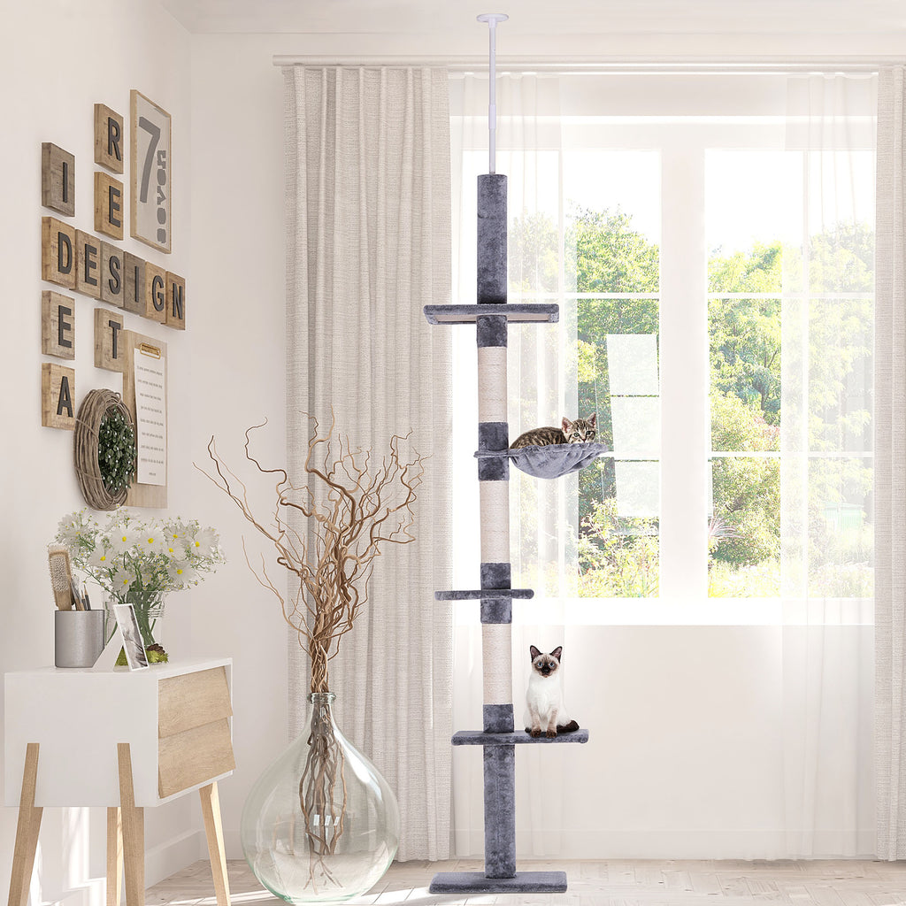 Floor to Ceiling Cat Tree 230-260cm Height Adjustable, 5-Tier Cat Tower with Scratching Posts, Hammock, Perches, Climbing Activity Centre for Indoor Kittens Playing and Relaxing, Grey