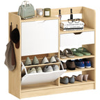 Schuhregal f¨¹r Flur, Schuhschrank mit Kippschubladen, offenen Regalen, 4 Haken, f¨¹r bis zu 14 Paar Schuhe, Natur