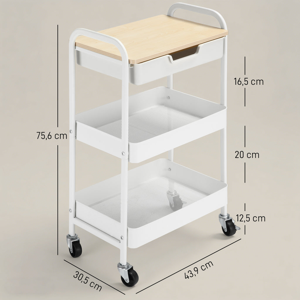 Rollbarer K¨¹chenwagen, 2 Regale, Schublade, Ablage, 4 Rollen, Griffe, Stahl, Wei?