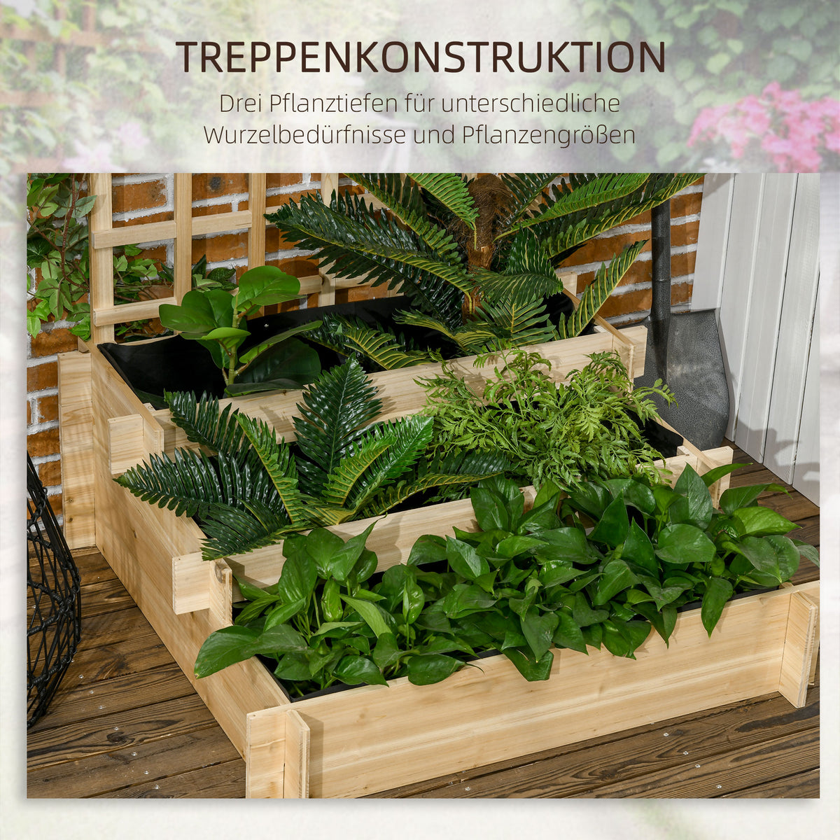 3 Tier Garden Planters with Trellis for Vine Climbing, Wooden Raised Beds, 95x95x110cm, Natural Tone