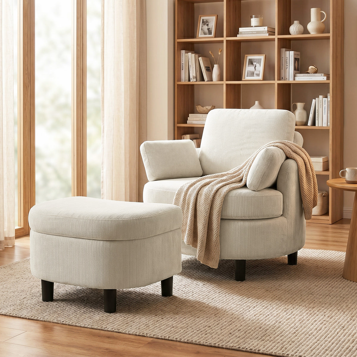 Sessel Loungesessel mit Aufbewahrungshocker, Kissen Cremeweiß