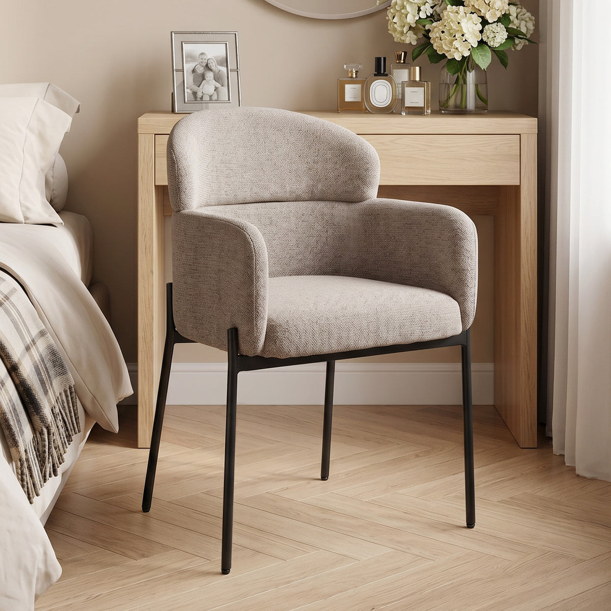 Sessel Wohnzimmer Loungesessel mit Chenille-Optik, Armlehnen, Metallbeinen für Schlafzimmer, Hellbraun