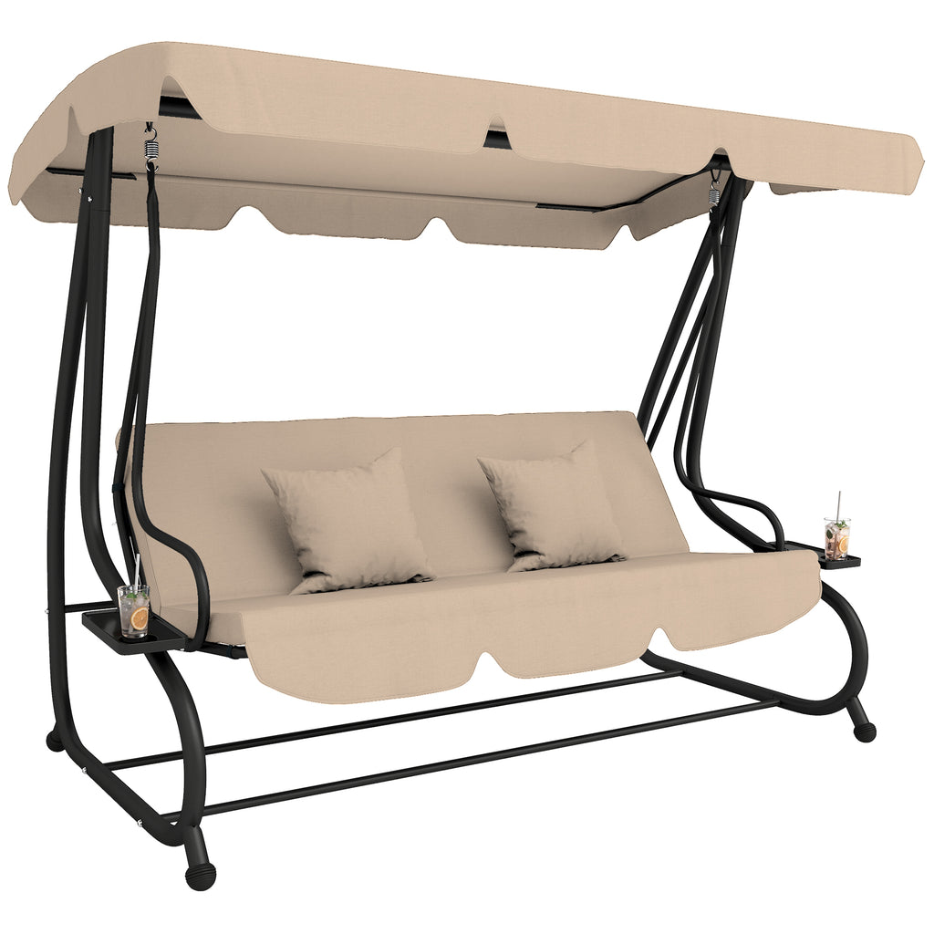 Three-Person garden Swing Chair, with Adjustable Canopy - Light Brown
