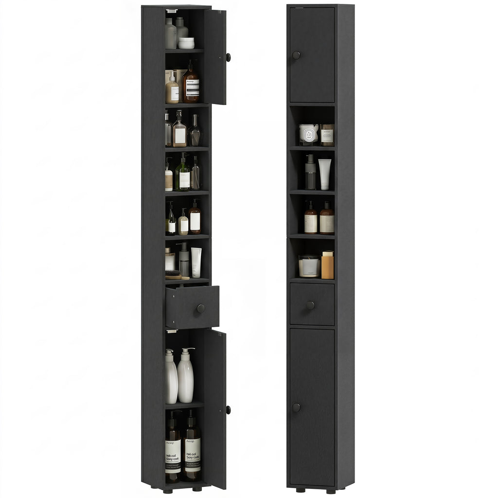 180 cm Schmaler Badezimmerschrank, Toilettenpapierregal mit offenen Fächern, 2 Schränken, Schwarz