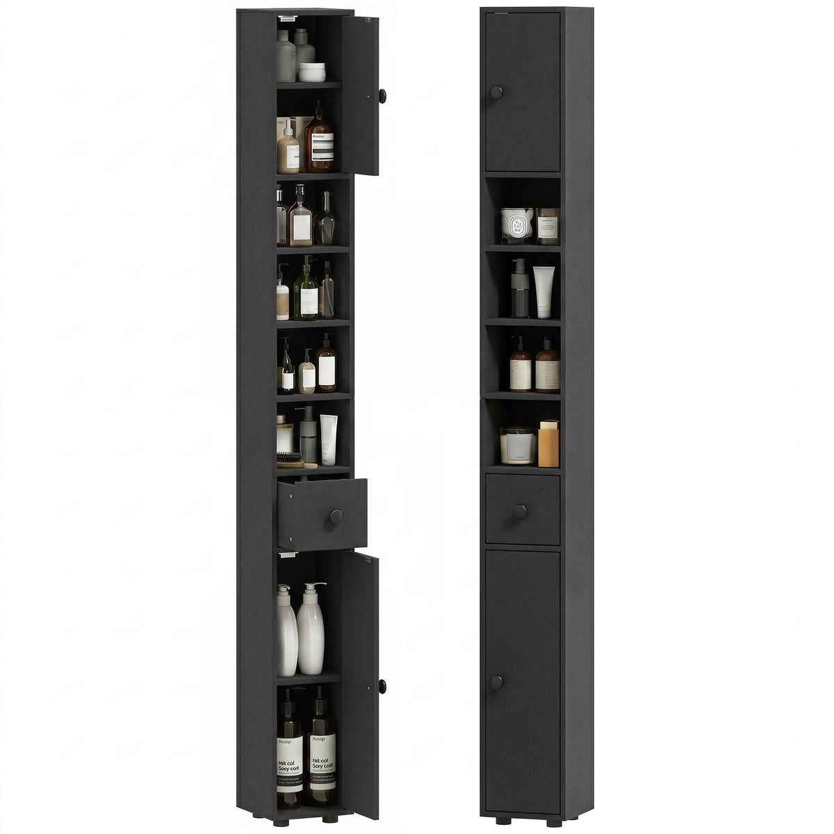 180 cm Schmaler Badezimmerschrank, Toilettenpapierregal mit offenen Fächern, 2 Schränken, Schwarz